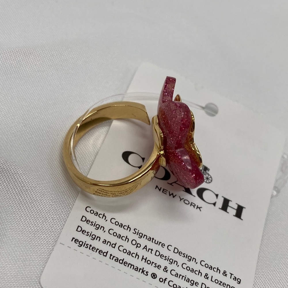 Coach Tea Rose Pink Resin Glitter Gold Plated 14k adjustable Pearl Accent Ring - Picture 7 of 8